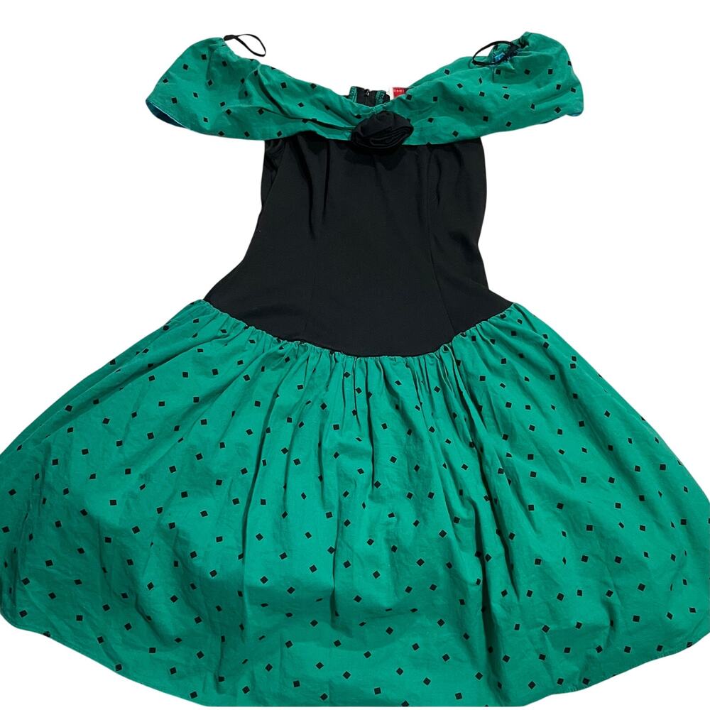 VTG Diamond's Run Party Dress 1980s Sz Small 9/10 Off Shoulder Rosette Green USA